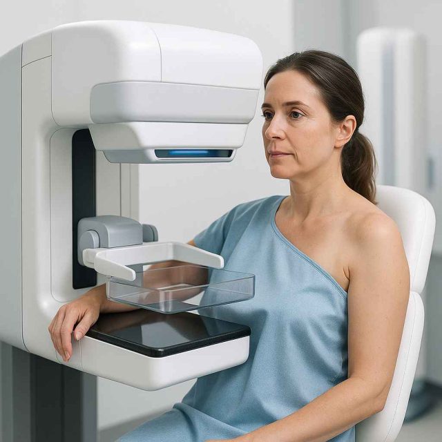 Woman having a painless breast cancer screening with modern equipment