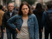 Why Does No One Understand My Chronic Pain? Woman experiencing chronic pain in a crowd where no one notices her suffering.