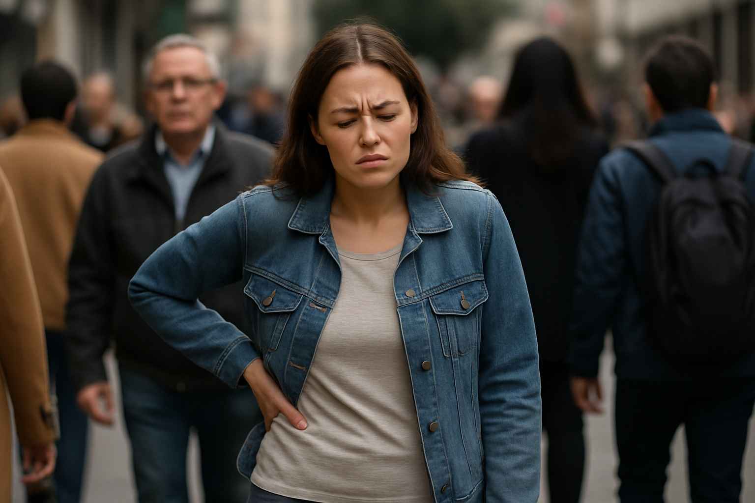 misunderstood-chronic-pain.jpg Woman experiencing chronic pain in a crowd where no one notices her suffering.