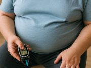 Diabetes Weight Loss for Obese Patients Obese person measuring weight and checking blood sugar levels for diabetes care