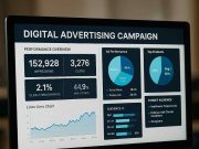 Advances in Digital Advertising Campaigns Digital dashboard with pharmaceutical ad metrics and targeting insights
