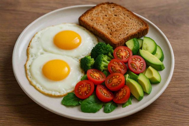 Eggs on a plate with vegetables, suggesting brain-boosting benefits.