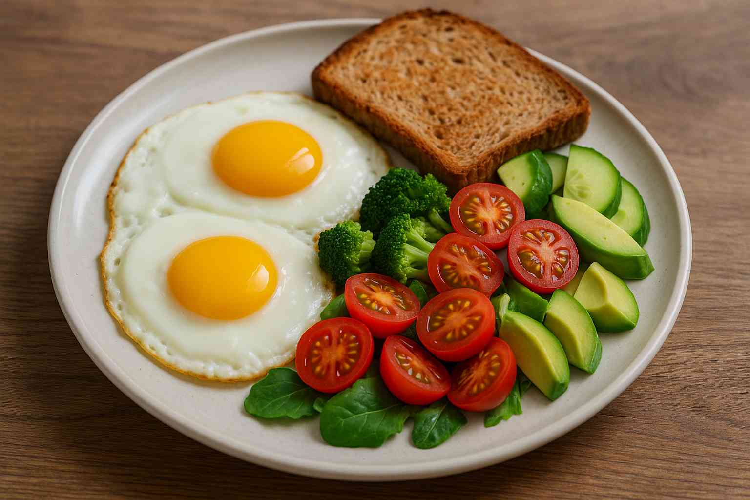 eggs-alzheimers-risk-reduction Eggs on a plate with vegetables, suggesting brain-boosting benefits.