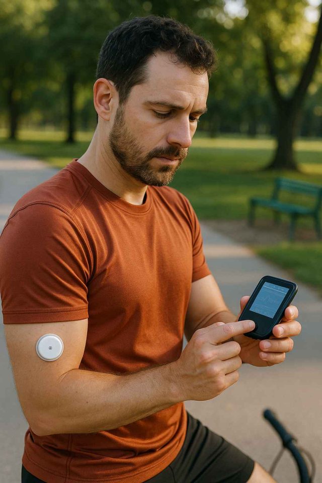 Person with Type 1 diabetes checking glucose monitor before exercising
