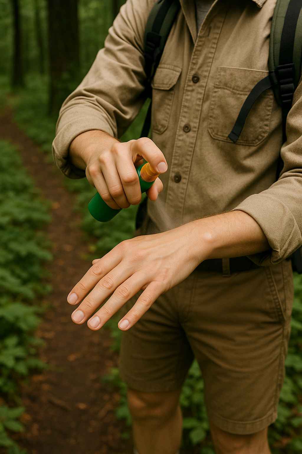 Tick bite prevention in wooded area Person applying tick repellent for Lyme Disease Prevention