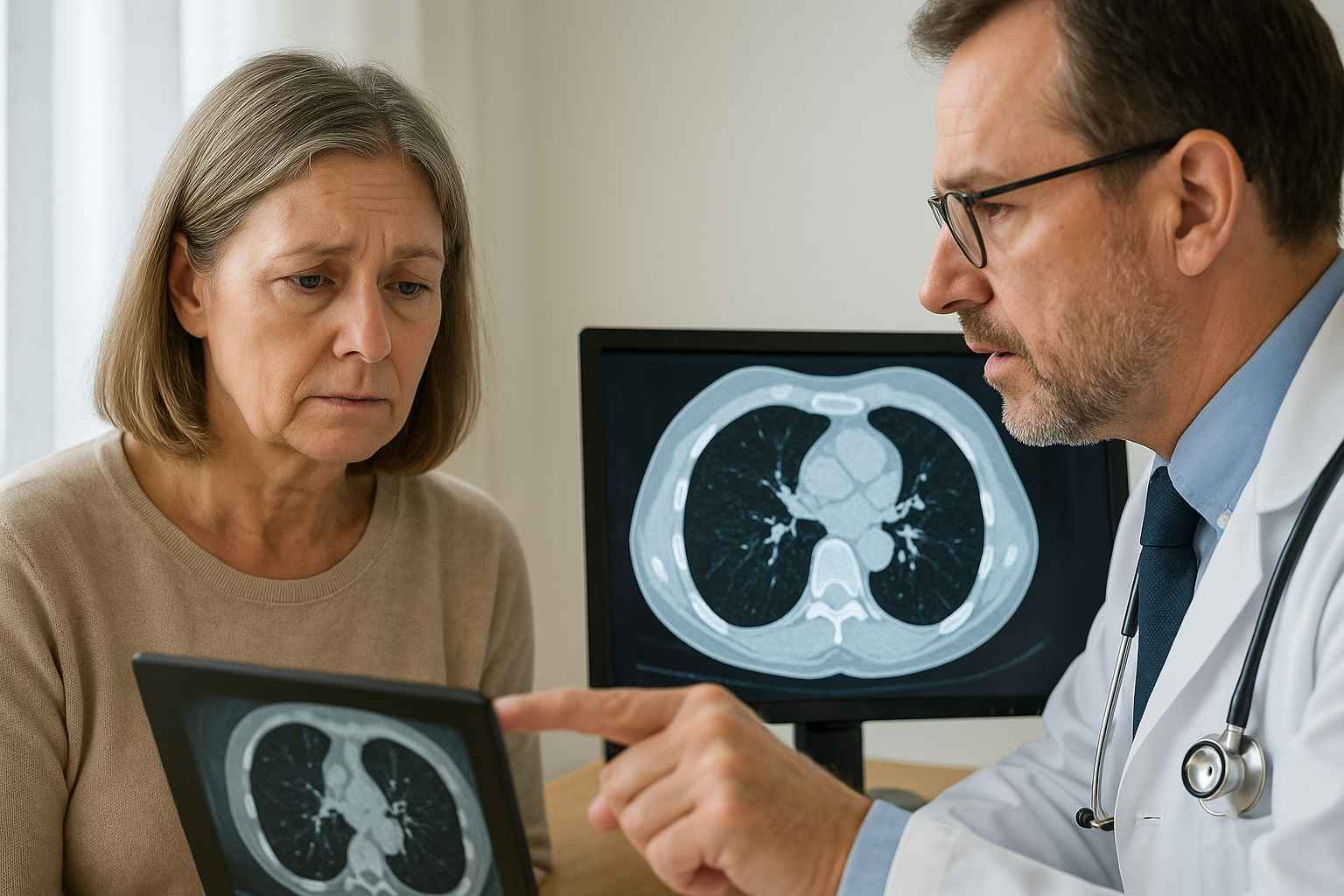 Woman Diagnosed with Non-Smoking Lung Cancer Non-smoking woman receiving lung cancer diagnosis in a clinical setting