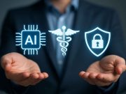 Privacy and AI in Pharma Marketing Digital image showing AI tech balancing patient privacy in pharma marketing