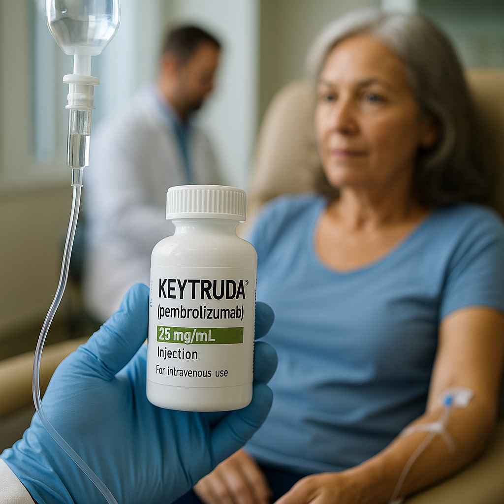 Keytruda Cancer Treatment Uses Illustration of Keytruda being administered as part of cancer treatment.
