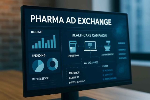 Digital interface displaying pharma ad exchange bidding and healthcare campaign targeting.